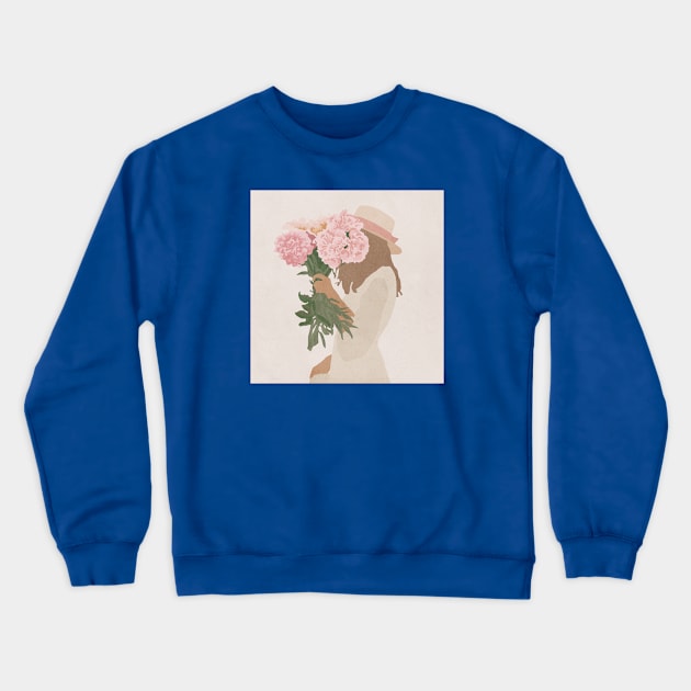 Girl in hat with flowers peonies Crewneck Sweatshirt by JulyPrints